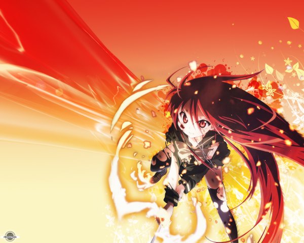 Anime picture 1280x1024 with shakugan no shana j.c. staff shana single looking at viewer red eyes red hair very long hair gradient background torn clothes looking up third-party edit girl thighhighs black thighhighs bowtie pendant flame torn thighhighs