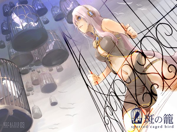 Anime picture 1300x975 with vocaloid megurine luka sachio long hair breasts blue eyes light erotic pink hair midriff kneeling girl navel animal headphones bird (birds) cage