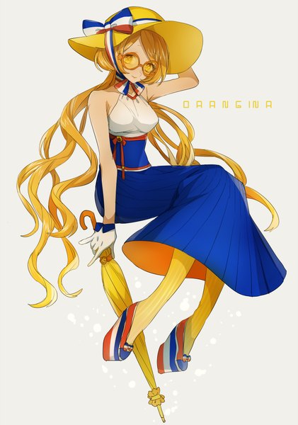 Anime picture 1405x2000 with original orangina asuda (artist) single long hair tall image looking at viewer simple background blonde hair white background sitting bare shoulders holding light smile inscription orange eyes wavy hair striped hand on head closed umbrella