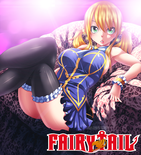Anime picture 1844x2034 with fairy tail lucy heartfilia hikarinogiri single long hair tall image looking at viewer highres light erotic blonde hair twintails green eyes lipstick crossed legs coloring light girl thighhighs black thighhighs frills