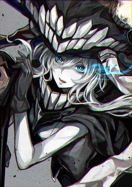 Anime picture 1800x2545 with kantai collection wo-class aircraft carrier kazabana fuuka single long hair tall image looking at viewer highres blue eyes white hair teeth glowing glowing eye (eyes) anaglyph white skin shinkaisei-kan girl gloves black gloves cape