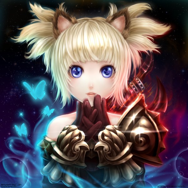 Anime picture 1200x1200 with tera online elin (tera) jurrig single short hair blonde hair purple eyes bare shoulders animal ears lips portrait girl gloves armor insect butterfly star (stars)