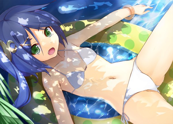 Anime picture 1400x1000 with original kawasaki kana single looking at viewer blush short hair breasts open mouth light erotic bare shoulders green eyes blue hair bare belly bare legs one side up flat chest girl navel hair ornament swimsuit