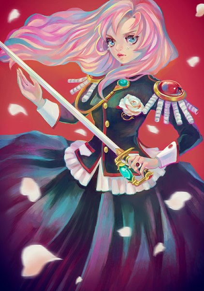 Anime picture 800x1136 with revolutionary girl utena j.c. staff tenjou utena zihling single long hair tall image looking at viewer blue eyes pink hair wind tears red background girl uniform flower (flowers) weapon petals frills rose (roses)