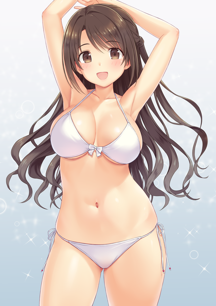 Anime picture 2894x4093 with idolmaster idolmaster cinderella girls shimamura uzuki n.g. single long hair tall image looking at viewer blush fringe highres breasts open mouth light erotic simple background brown hair large breasts standing brown eyes cleavage