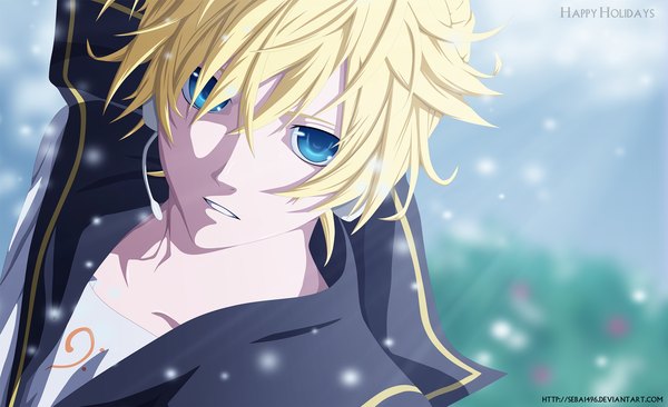 Anime picture 2000x1223 with vocaloid kagamine len sebaemanuel single looking at viewer highres short hair blue eyes blonde hair wide image coloring headphones