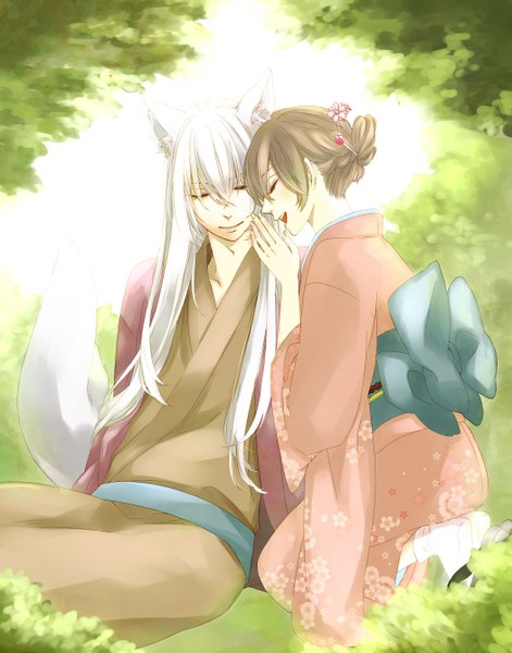 Anime picture 2100x2672 with kamisama hajimemashita tomoe (kamisama hajimemashita) momozono nanami he+zo long hair tall image highres smile brown hair sitting animal ears white hair tail eyes closed traditional clothes japanese clothes animal tail couple fox ears kneeling