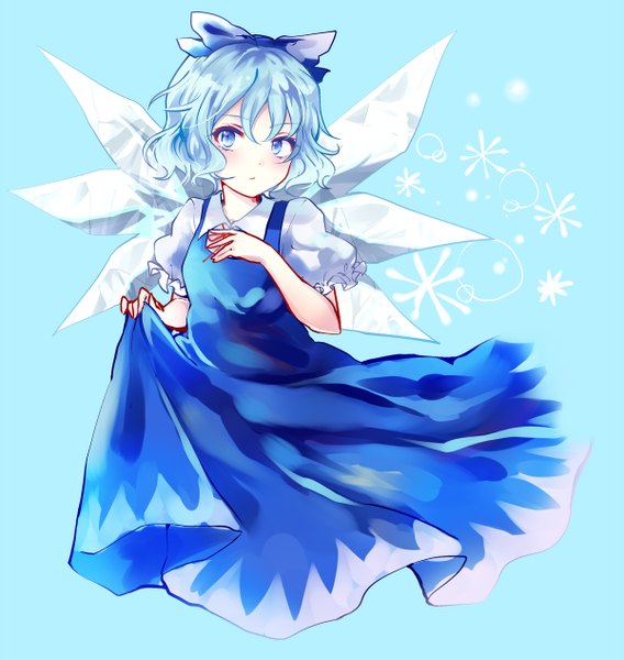 Anime picture 1200x1266 with touhou cirno uranaishi (miraura) single tall image short hair blue eyes simple background blue hair looking away blue background girl dress bow hair bow wings snowflake (snowflakes)