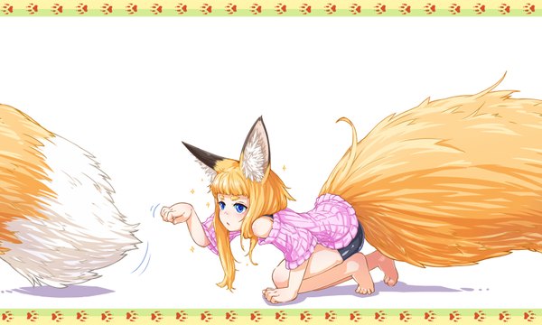 Anime picture 800x480 with original jaco single blush fringe short hair blue eyes blonde hair wide image animal ears looking away tail parted lips animal tail barefoot shadow no shoes fox ears kneeling fox tail