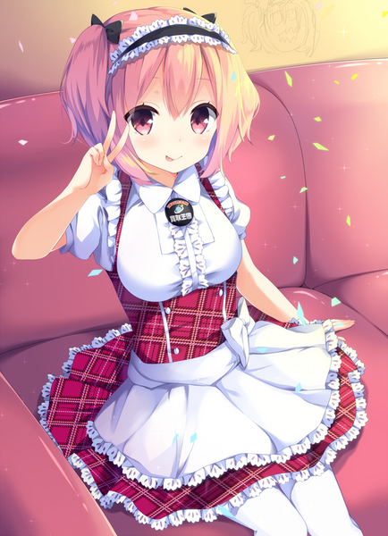 Anime picture 1000x1381 with original hasegawa urumi mimura zaja single tall image looking at viewer blush fringe short hair smile sitting twintails pink hair pink eyes from above maid short twintails victory girl uniform