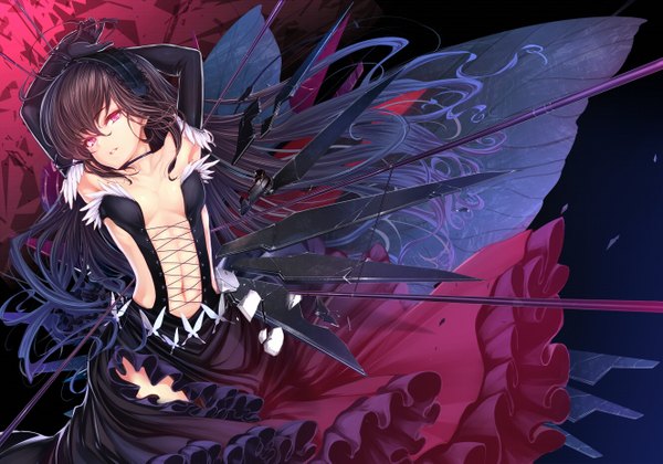 Anime picture 1328x931 with accel world sunrise (studio) kuroyukihime shiokonbu single long hair black hair red eyes midriff insect wings butterfly wings girl dress gloves navel wings elbow gloves hairband