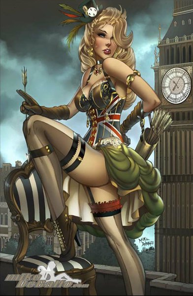 Anime picture 577x883 with squirrelshaver single long hair tall image fringe breasts light erotic blonde hair lips black eyes hair over one eye girl thighhighs gloves arrow (arrows) elizabeth tower