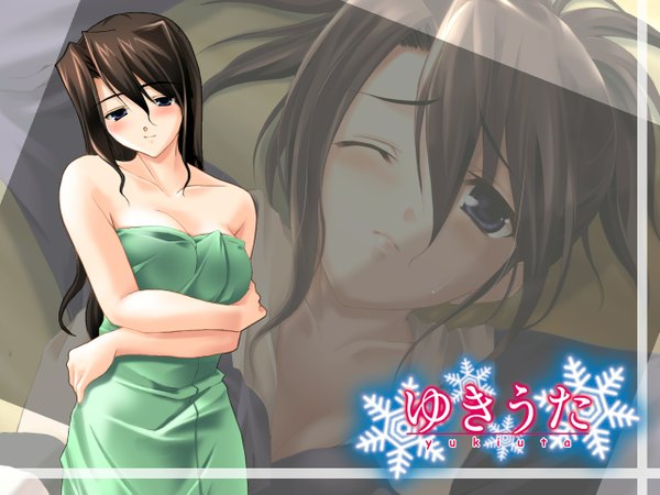 Anime picture 1280x960 with yukiuta hasuda hiromi fumio (ura fmo) single long hair blush fringe light erotic hair between eyes brown hair bare shoulders embarrassed copyright name breast hold naked towel girl towel