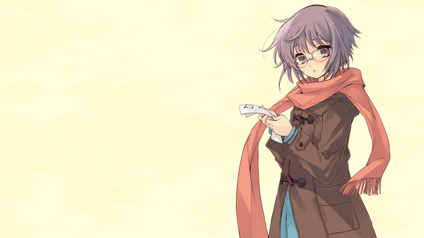 Anime picture 1920x1080 with suzumiya haruhi no yuutsu kyoto animation nagato yuki single blush highres short hair simple background wide image brown eyes purple hair yellow background girl uniform school uniform glasses scarf coat paper