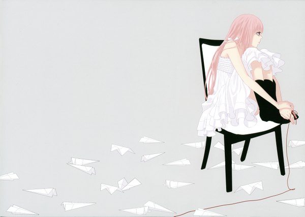 Anime picture 1400x997 with vocaloid megurine luka single long hair blush bare shoulders pink hair girl dress boots white dress chair armchair thread red thread paper airplane