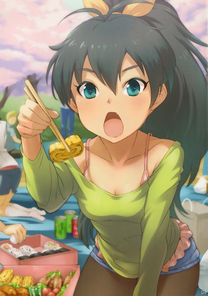 Anime picture 1122x1600 with idolmaster ganaha hibiki tagme (artist) long hair tall image looking at viewer open mouth blue eyes black hair ponytail cherry blossoms feeding girl plant (plants) tree (trees) food obento omelet tamagoyaki