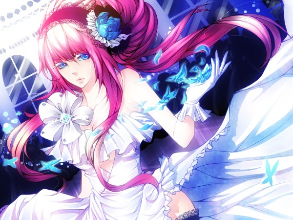 Anime picture 1200x900 with vocaloid megurine luka kaminary long hair breasts blue eyes light erotic bare shoulders pink hair cleavage hair flower girl thighhighs dress gloves hair ornament bow black thighhighs petals hairband