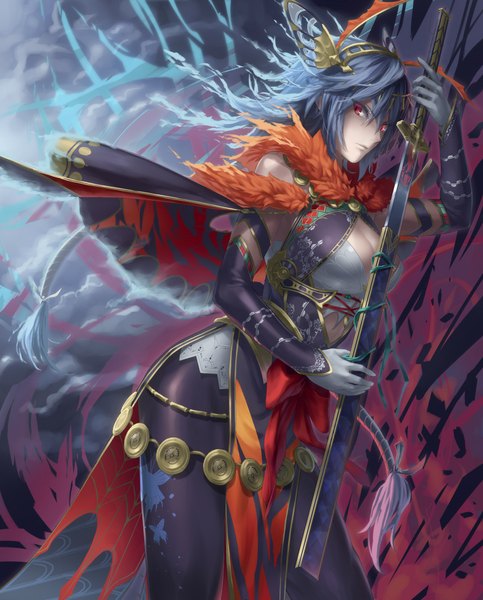 Anime picture 825x1025 with original mismi single long hair tall image looking at viewer red eyes standing blue hair cloud (clouds) wind alternate costume girl gloves hair ornament weapon detached sleeves sword fur insect