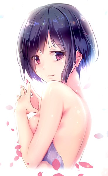 Anime picture 812x1320 with original yan (nicknikg) single tall image looking at viewer short hair light erotic black hair simple background white background upper body nail polish pink eyes shiny skin pink nail polish girl petals lingerie bra purple bra