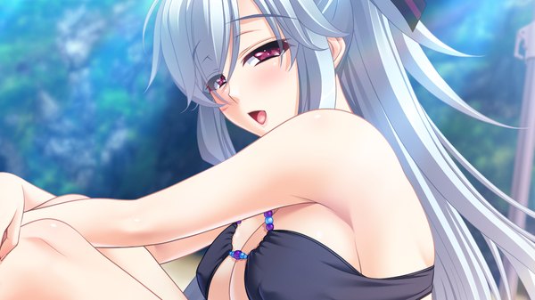 Anime picture 1024x576 with silicon magic phi (silicon magic) long hair blush open mouth red eyes wide image game cg silver hair girl swimsuit bikini