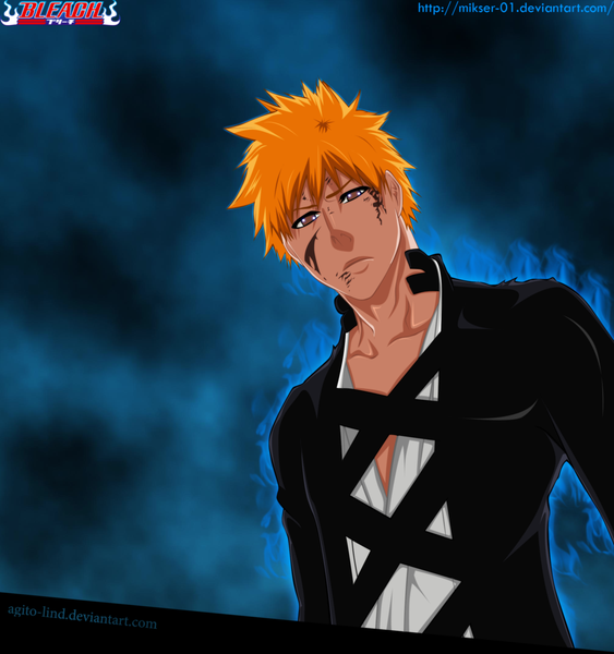 Anime picture 2000x2131 with bleach studio pierrot kurosaki ichigo gold-mk single tall image highres short hair brown eyes japanese clothes orange hair inscription coloring smoke boy kimono blood