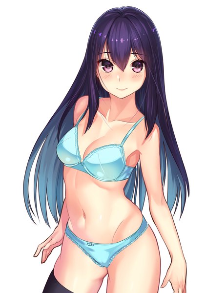 Anime picture 1276x1805 with original kagematsuri single long hair tall image looking at viewer light erotic black hair simple background white background purple eyes underwear only girl thighhighs navel underwear panties black thighhighs lingerie bra
