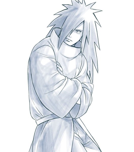 Anime picture 900x1017 with naruto studio pierrot naruto (series) uchiha madara yoshidukaxxx single long hair tall image fringe simple background white background looking away head tilt hair over one eye crossed arms spiked hair boy