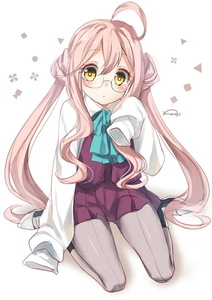 Anime picture 567x803 with kantai collection makigumo destroyer nunucco single long hair tall image looking at viewer blush simple background white background sitting twintails signed yellow eyes pink hair ahoge long sleeves girl pantyhose glasses
