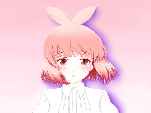 Anime picture 1333x1000 with arakawa under the bridge shaft (studio) p-ko (arakawa) blush short hair red eyes pink hair wind pink background girl