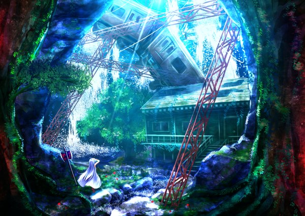 Anime picture 1697x1200 with original haru (ryosios) ryosios single long hair silver hair sunlight arms up ruins waterfall post-apocalyptic overgrown girl dress flower (flowers) weapon plant (plants) tree (trees) water white dress