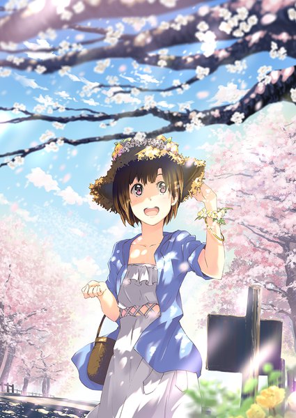 Anime picture 708x1000 with idolmaster idolmaster cinderella girls aiba yumi narumi nanami single tall image blush short hair open mouth smile brown hair looking away sky cloud (clouds) outdoors :d pink eyes sunlight shadow short sleeves