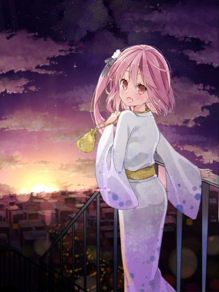 Anime picture 1200x1600 with original tika (mika4975) single tall image looking at viewer blush short hair open mouth pink hair sky cloud (clouds) traditional clothes japanese clothes pink eyes looking back one side up city evening sunset cityscape