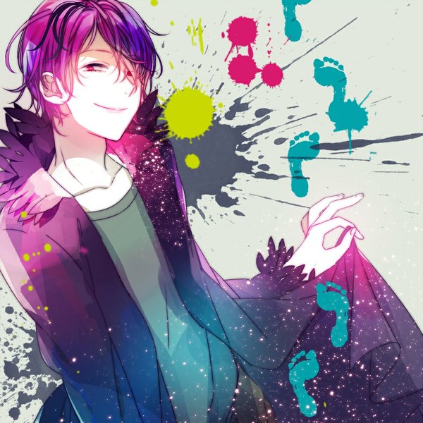 Anime picture 1000x1000 with ib (game) garry (ib) single fringe short hair smile purple eyes purple hair hair over one eye boy coat