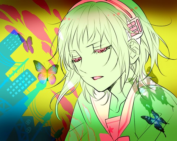 Anime picture 1280x1024 with vocaloid gumi tayuya1130 single fringe short hair open mouth eyes closed girl shirt headphones insect butterfly