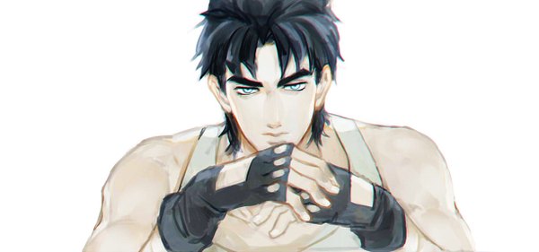 Anime picture 1223x574 with jojo no kimyou na bouken jonathan joestar kou (tsunaenma) single short hair blue eyes black hair simple background wide image white background bare shoulders boy gloves fingerless gloves