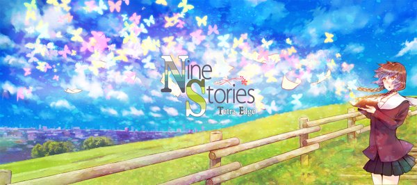 Anime picture 1642x729 with original furai (furai127) single long hair brown hair wide image sky braid (braids) wind orange eyes twin braids girl serafuku book (books) insect butterfly