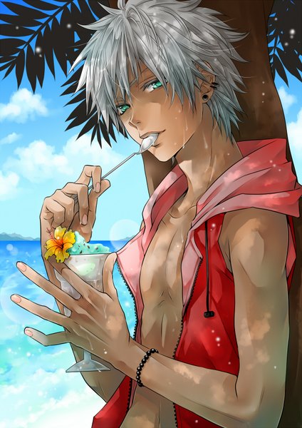 Anime picture 1200x1698 with hakuseki single tall image short hair light erotic aqua eyes grey hair open clothes sweat mouth hold boy flower (flowers) plant (plants) earrings tree (trees) food bracelet sweets ice cream spoon
