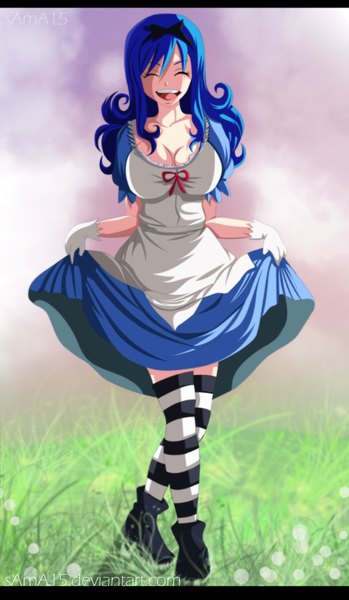 Anime picture 942x1616 with fairy tail juvia lockser sama15 single long hair tall image breasts open mouth smile large breasts blue hair eyes closed coloring girl thighhighs dress plant (plants) hairband grass striped thighhighs