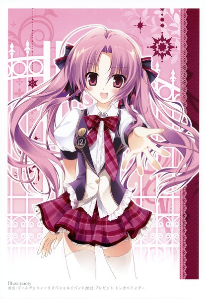 Anime picture 2406x3475 with original karory single long hair tall image looking at viewer blush highres open mouth twintails purple eyes purple hair scan girl thighhighs uniform bow hair bow school uniform white thighhighs