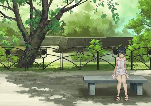 Anime picture 1273x900 with original eichisu single short hair blue eyes black hair sitting bare shoulders girl plant (plants) tree (trees) sundress fence bench