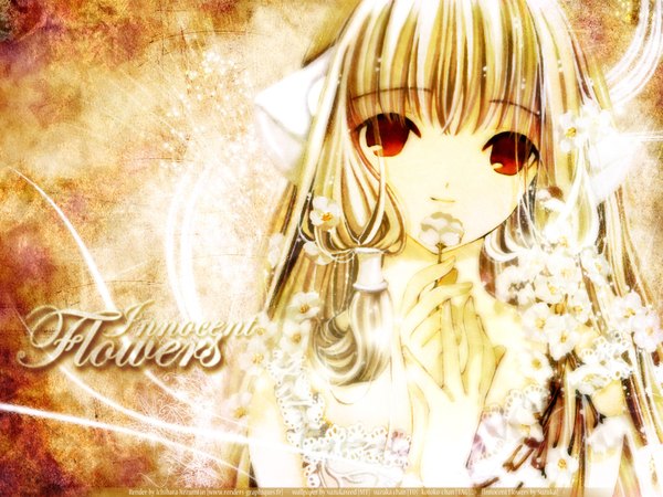 Anime picture 1600x1200 with chobits chii single long hair looking at viewer blonde hair red eyes brown hair light smile inscription wallpaper yellow background girl hair ornament flower (flowers)