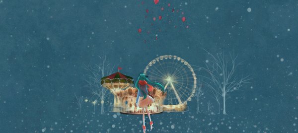 Anime picture 1050x470 with vocaloid hatsune miku single long hair wide image standing twintails wind from behind aqua hair back winter ice skating girl plant (plants) tree (trees) scarf ferris wheel carousel circus