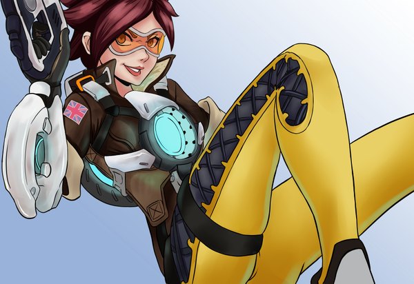 Anime picture 3779x2598 with overwatch blizzard entertainment tracer (overwatch) aoshi7 (artist) single highres short hair simple background smile brown hair absurdres orange eyes girl weapon gun goggles pistol