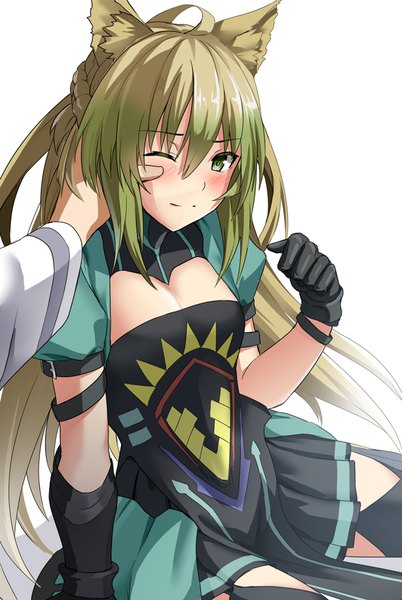 Anime picture 664x990 with fate (series) fate/grand order atalanta (fate) shiseki hirame long hair tall image looking at viewer blush fringe simple background blonde hair smile hair between eyes white background sitting green eyes ahoge braid (braids) green hair flat chest