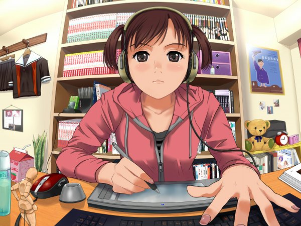 Anime picture 1280x960 with original munakata (hisahige) single looking at viewer short hair brown hair twintails brown eyes indoors fingernails perspective girl headphones book (books) hood toy stuffed animal clock hoodie stuffed toy