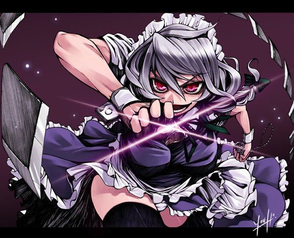 Anime picture 1091x882 with touhou izayoi sakuya hamada youho single open mouth simple background signed pink eyes grey hair maid letterboxed girl thighhighs bow black thighhighs hair bow headdress fingerless gloves maid headdress clock