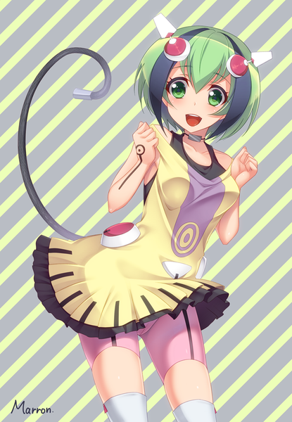 Anime picture 692x1000 with dimension w yurizaki mira maron (1212ama) single tall image looking at viewer blush short hair open mouth light erotic simple background green eyes purple hair tail :d multicolored hair green hair two-tone hair streaked hair cameltoe