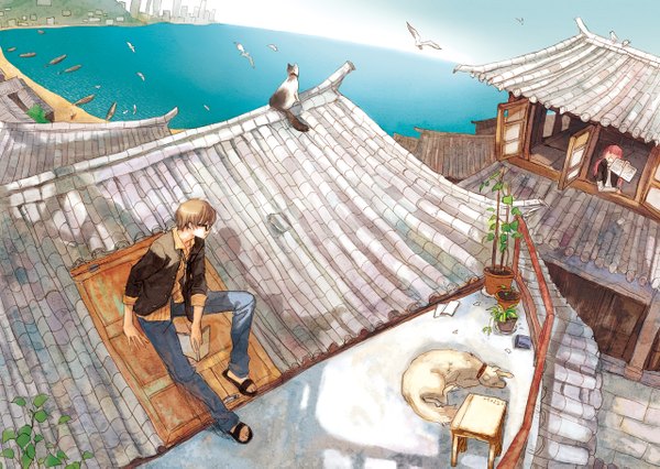 Anime picture 1280x909 with selina (artist) sitting looking away pink hair sky shadow pointing girl boy animal shirt glasses shoes window sea bird (birds) book (books) cat table dog
