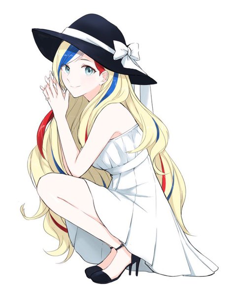 Anime picture 718x899 with kantai collection commandant teste (kantai collection) morinaga (harumori) single long hair tall image looking at viewer blue eyes simple background blonde hair smile white background bare shoulders full body multicolored hair high heels alternate costume streaked hair squat hands clasped