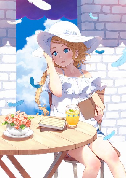Anime picture 1498x2111 with original orangina pood1e (pixiv 2801977) long hair tall image blue eyes blonde hair bare shoulders looking away sky cloud (clouds) braid (braids) girl hat shorts book (books) feather (feathers) chair table